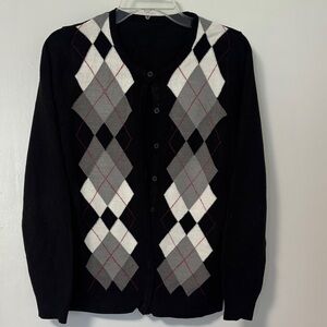 Kohl's Black Argyle Cardigan with Gray & White Diamonds